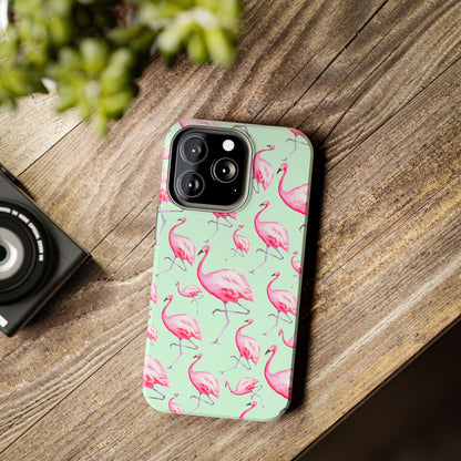 Pink Flamingos Watercolor Illustrated Tossed Pattern Green Phone Case | Various Models