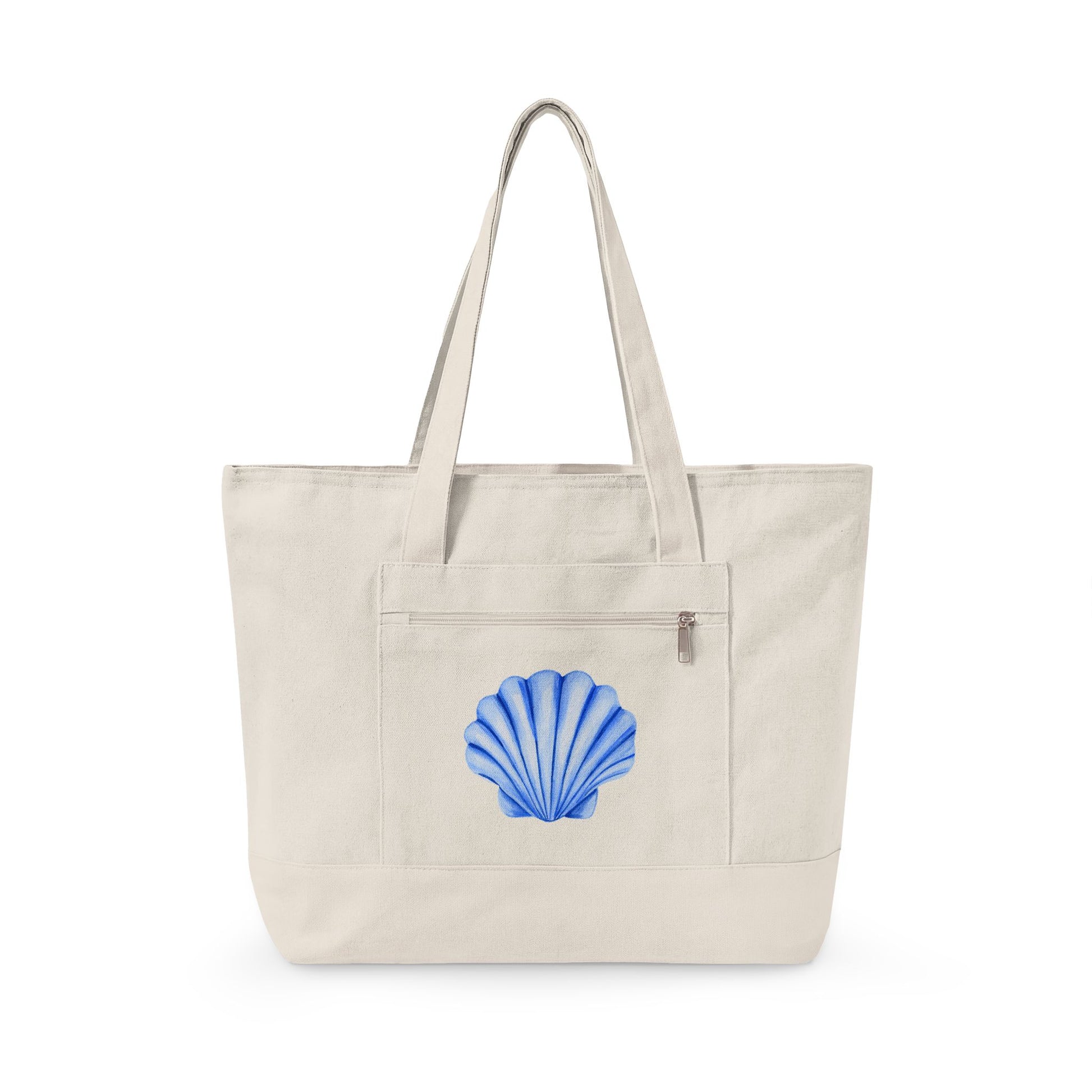Blue Watercolor Seashell Printed Zippered Canvas Tote 18" x 14" | Various Colors 18" x 14" x 4.5" Natural