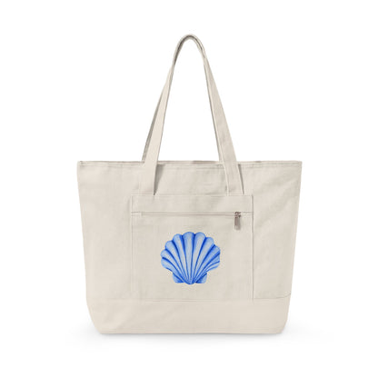 Blue Watercolor Seashell Printed Zippered Canvas Tote 18" x 14" | Various Colors 18" x 14" x 4.5" Natural