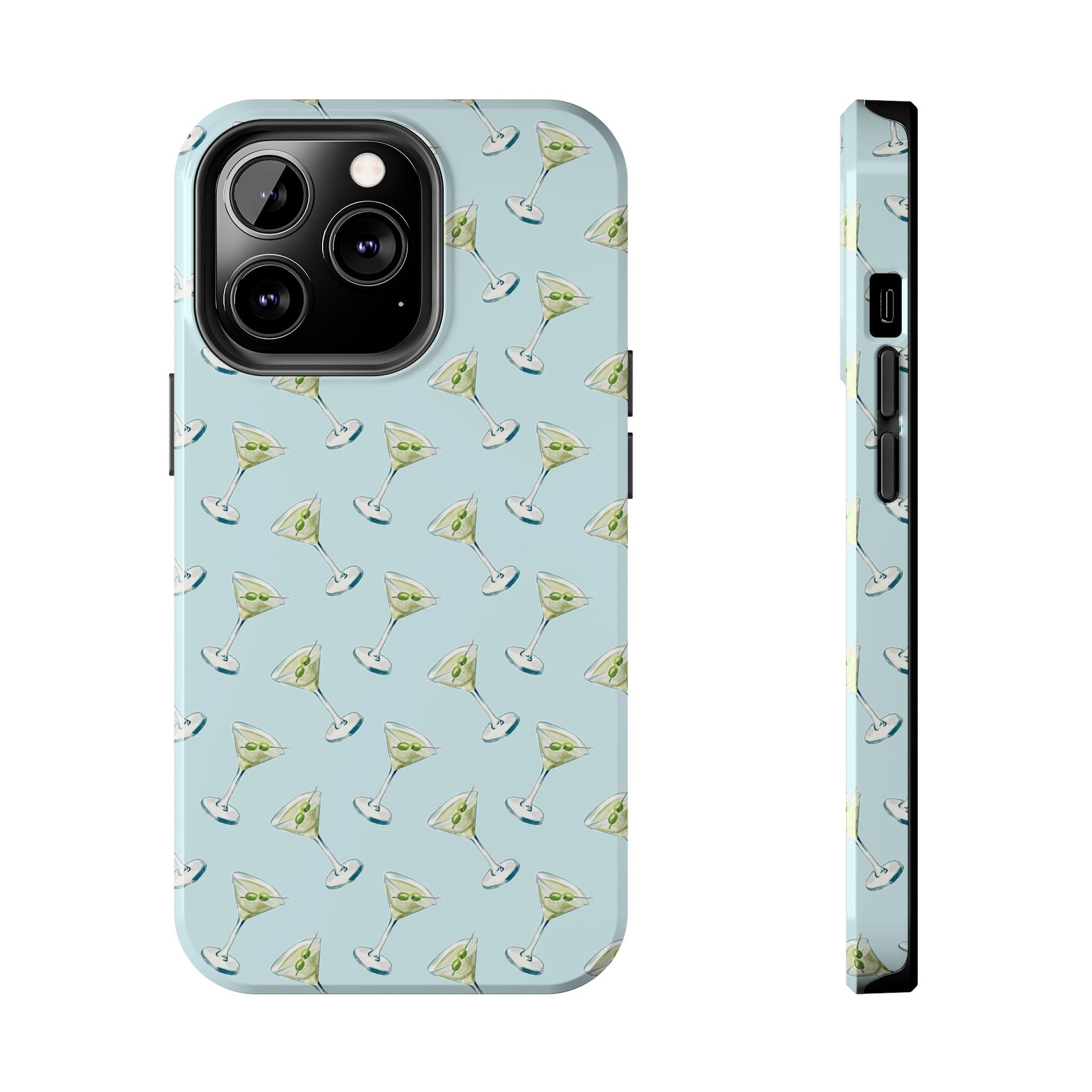 Blue Mini Martini Watercolor Illustrated Tossed Pattern Tough Phone Case | Various Models Available iPhone 13 Pro