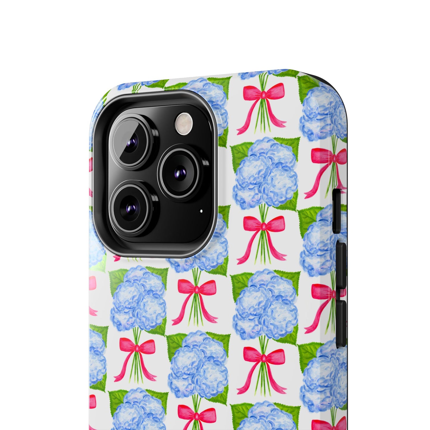 Blue Watercolor Hydrangea Bouquets with Hot Pink Bows Illustrated Patterned Tough Phone Case | Various Models
