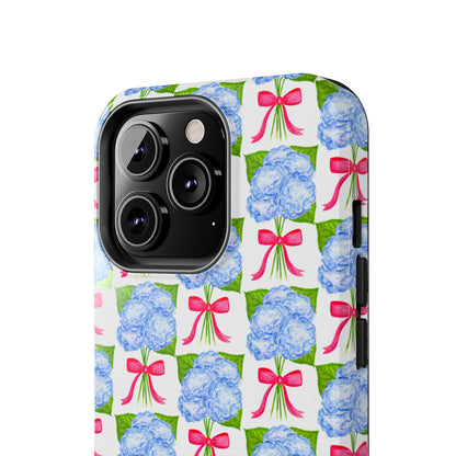 Blue Watercolor Hydrangea Bouquets with Hot Pink Bows Illustrated Patterned Tough Phone Case | Various Models