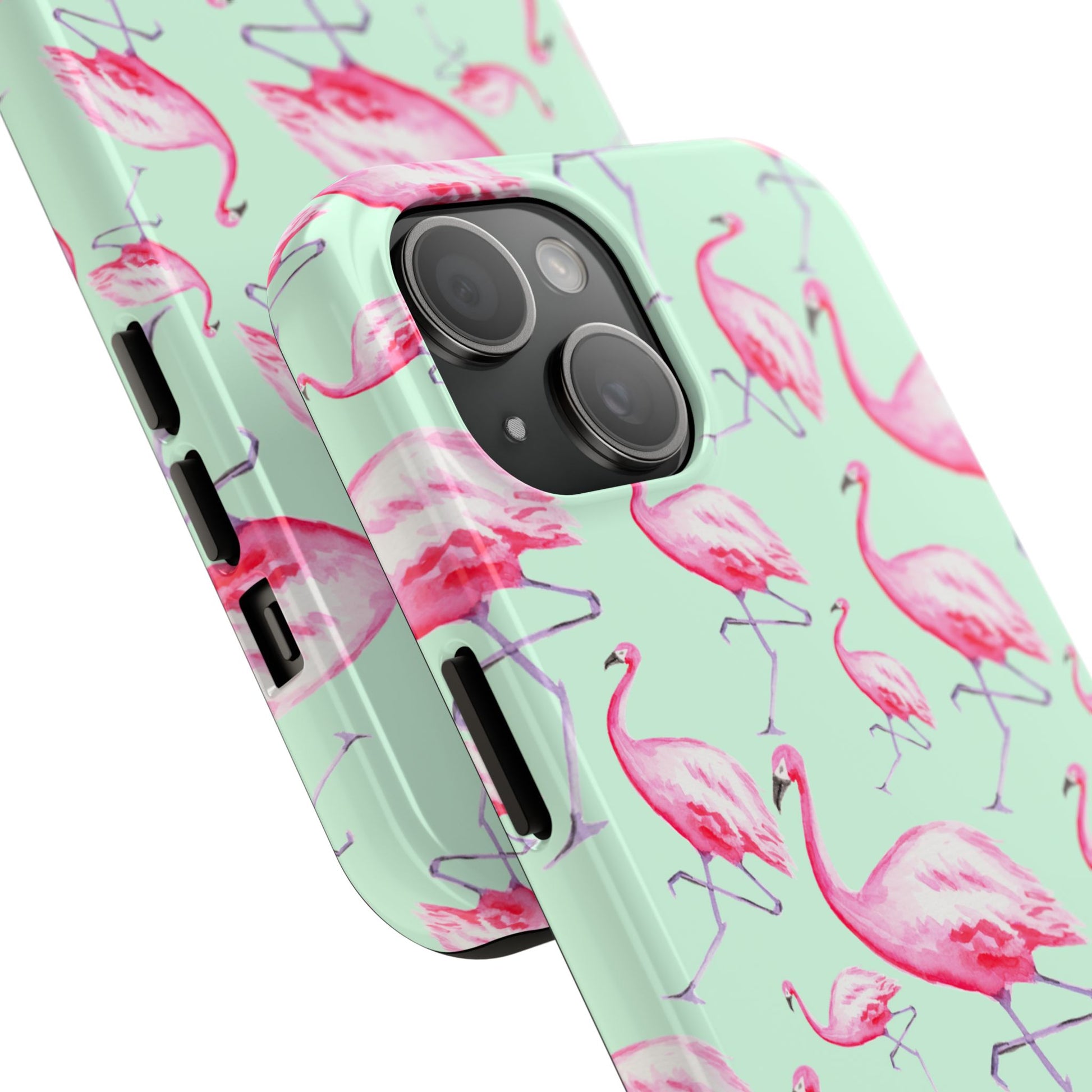 Pink Flamingos Watercolor Illustrated Tossed Pattern Green Phone Case | Various Models