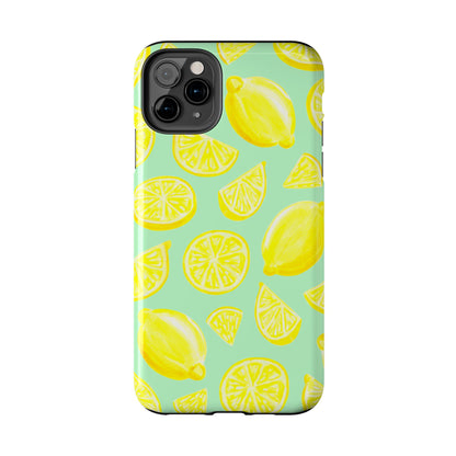 Bright Yellow Lemons Watercolor Illustrated Tossed Pattern Mint Green Tough Phone Case | Various Models