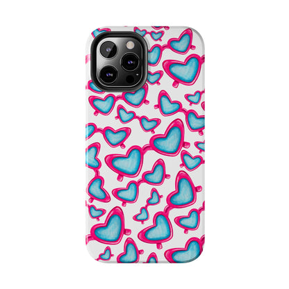 Pink & Blue Heart Shaped Sunglasses Watercolor Illustrated Tossed Pattern Tough Case | Various Models