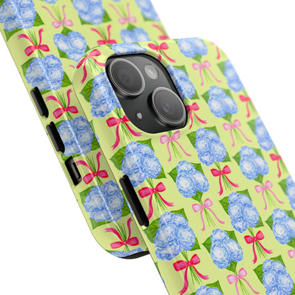 Watercolor Blue Hydrangea Bouquets with Hot Pink and Light Pink Bow Ribbons Illustrated Pattern Yellow Tough Phone Case | Various Models