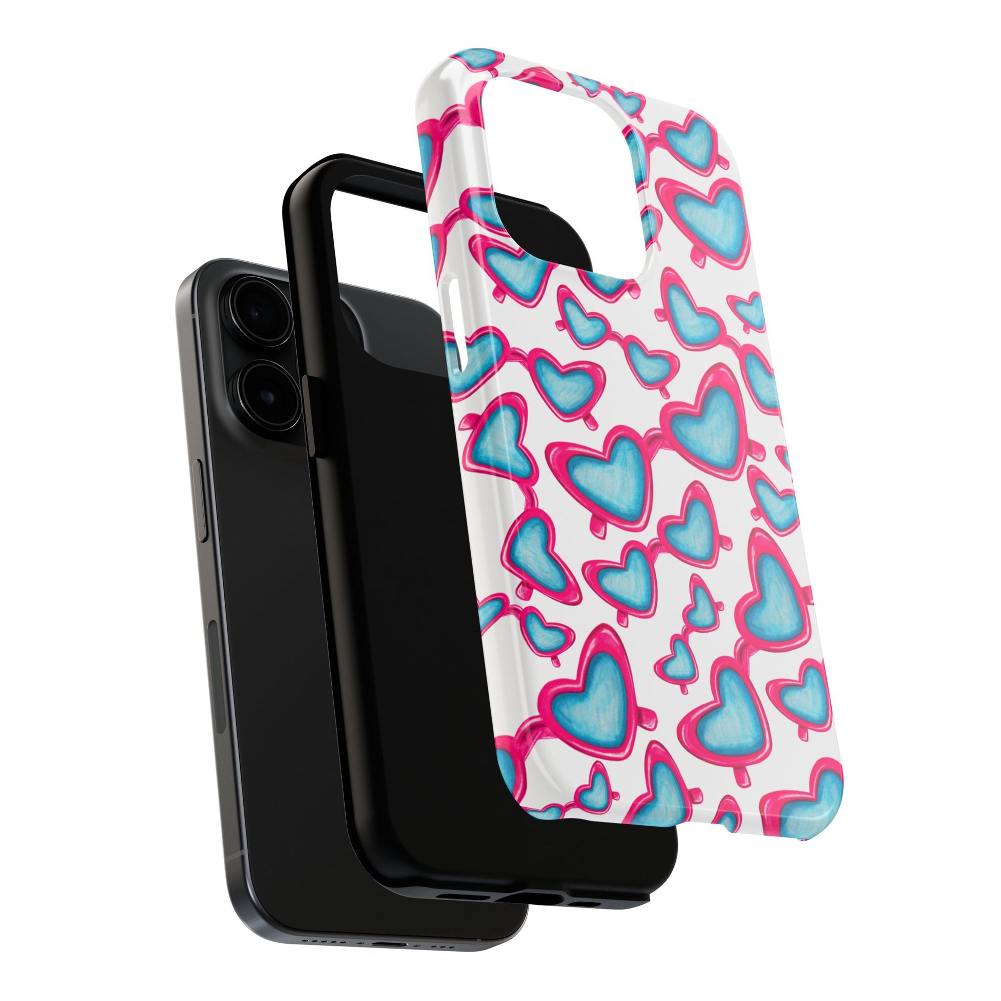 Pink & Blue Heart Shaped Sunglasses Watercolor Illustrated Tossed Pattern Tough Case | Various Models