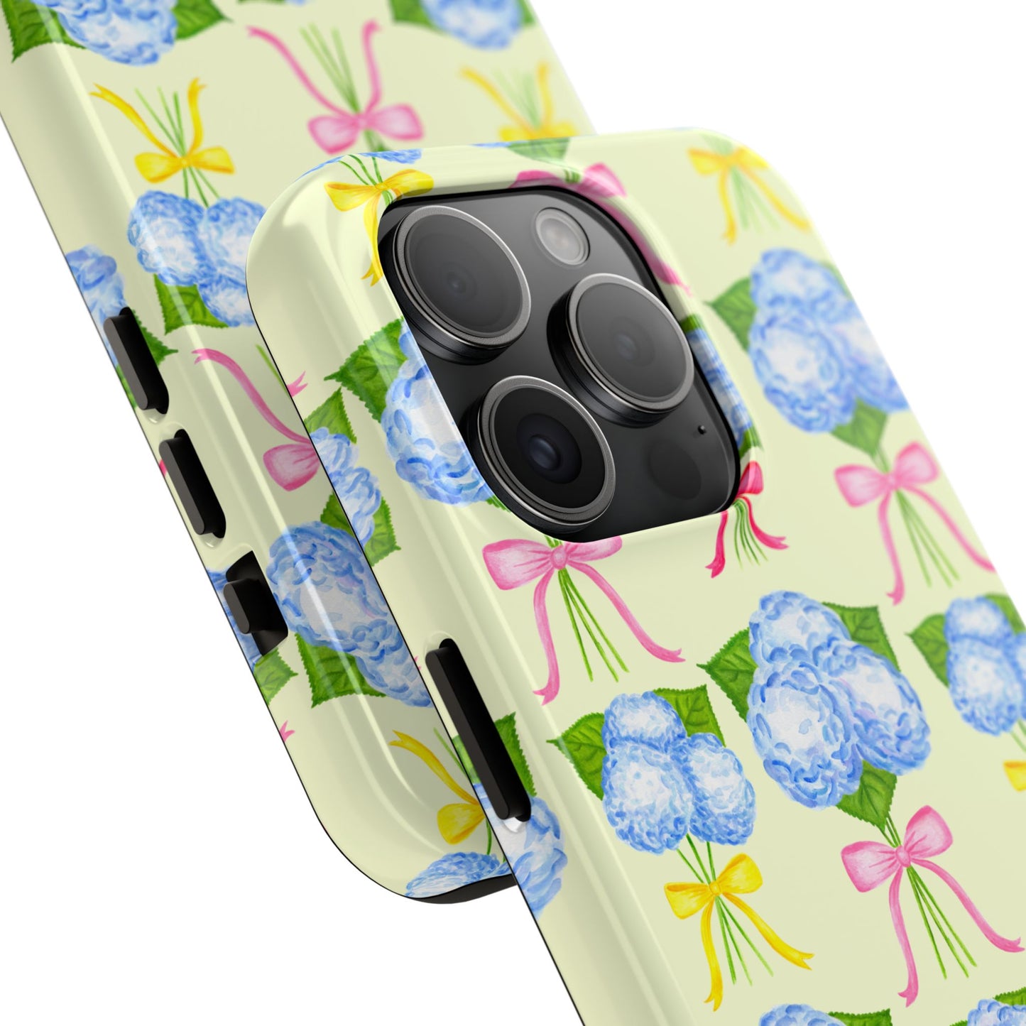 Blue Hydrangeas with Hot Pink, Yellow, Light Pink Bows Watercolor Illustrated Patterned Light Yellow Tough Phone Case | Various Models