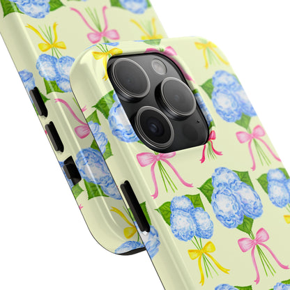 Blue Hydrangeas with Hot Pink, Yellow, Light Pink Bows Watercolor Illustrated Patterned Light Yellow Tough Phone Case | Various Models