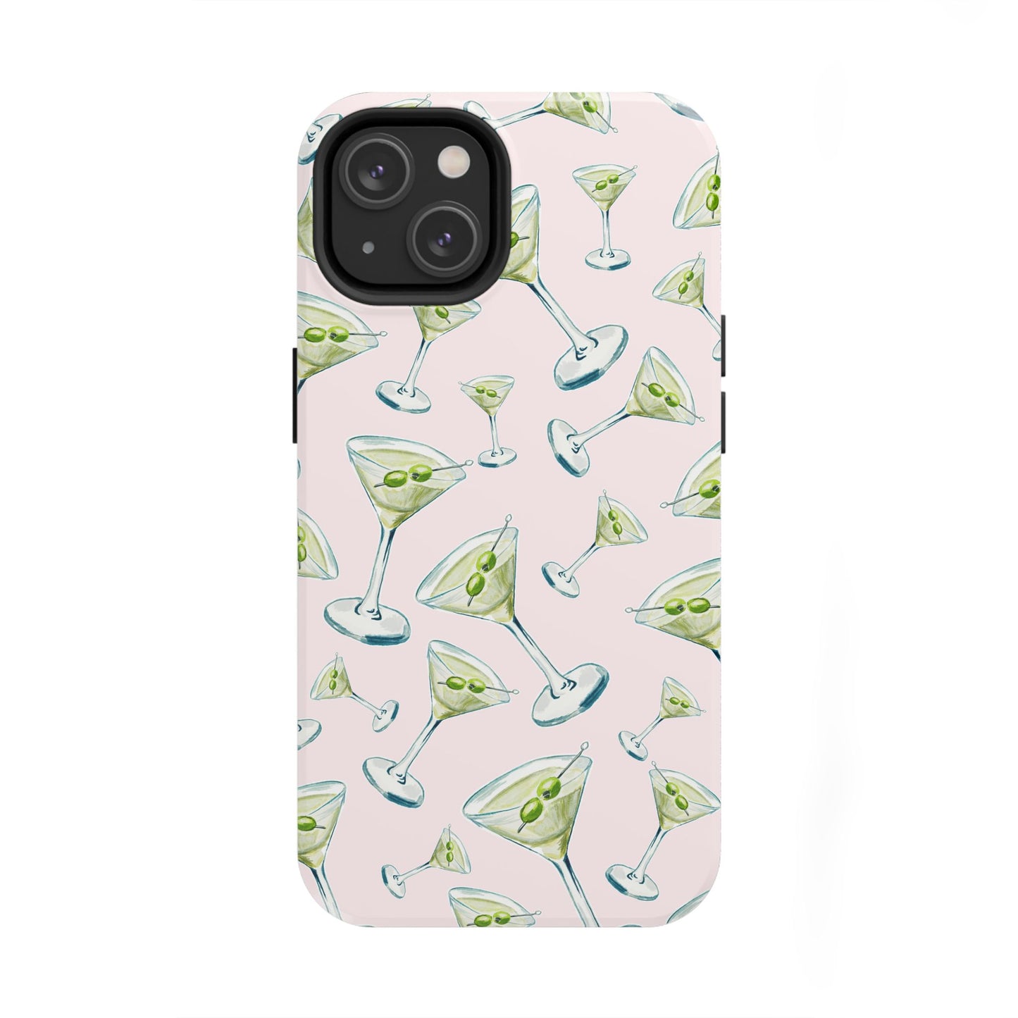 Watercolor Blue and Green Martinis Tossed Illustrated Pattern Blush Pink Tough Phone Case | Various Models