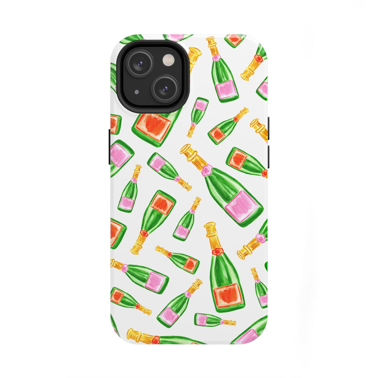 Tossed Pink and Green & Orange and Green Watercolor Illustrated Champagne Bottles Pattern Tough Phone Case | Various Models