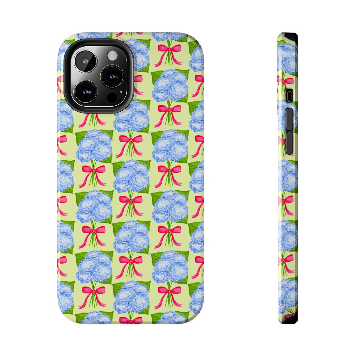 Blue Watercolor Hydrangea Bouquets with Hot Pink Bows Illustrated Patterned Yellow Preppy Grand Millenial Tough Phone Case | Various Models