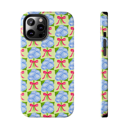 Blue Watercolor Hydrangea Bouquets with Hot Pink Bows Illustrated Patterned Yellow Preppy Grand Millenial Tough Phone Case | Various Models