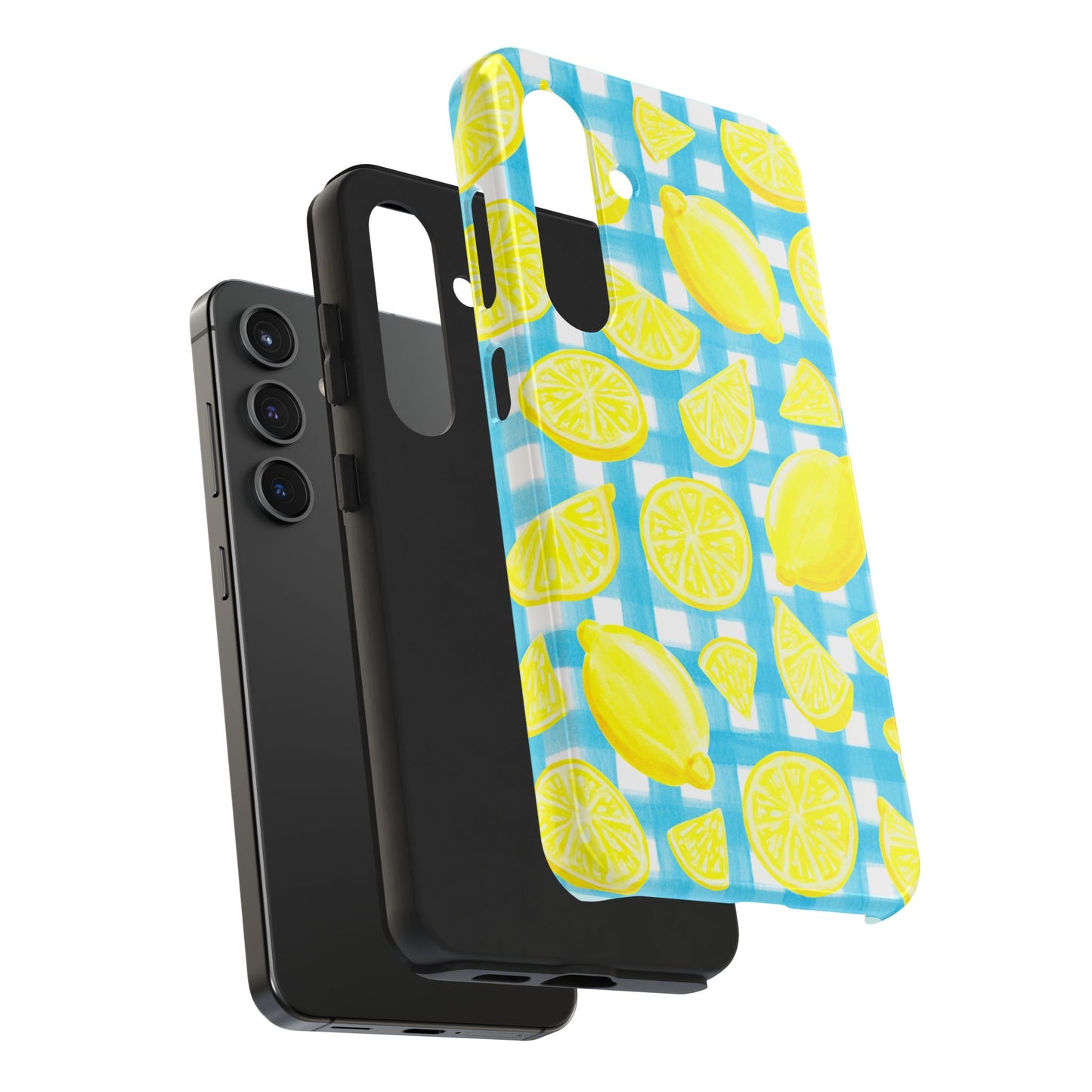 Bright Yellow Lemons Watercolor Illustrated Tossed Pattern Turquoise Gingham Tough Phone Case | Various Models