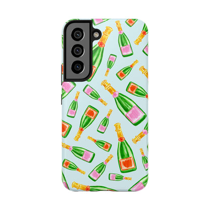 Tossed Pink and Green & Orange and Green Watercolor Illustrated Champagne Bottles Pattern Light Blue Tough Phone Case | Various Models