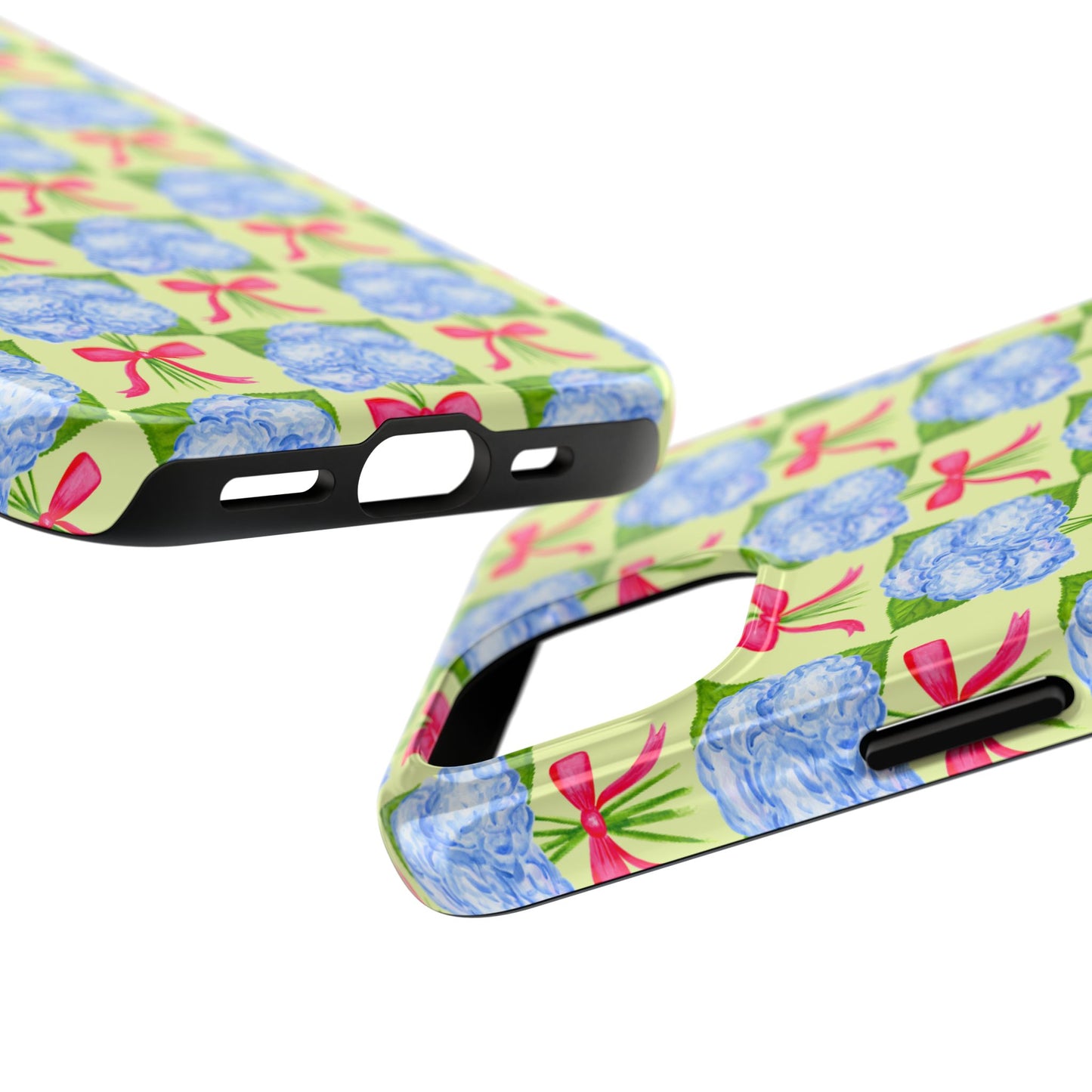 Blue Watercolor Hydrangea Bouquets with Hot Pink Bows Illustrated Patterned Yellow Preppy Grand Millenial Tough Phone Case | Various Models
