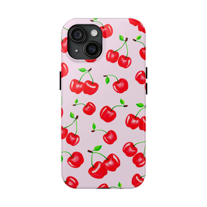 Tossed Red Watercolor Cherries Illustrated Pattern Light Pink Tough Phone Case | Various Models