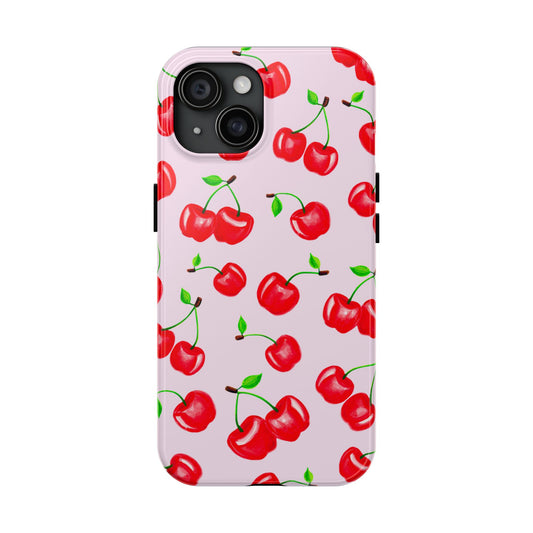 Tossed Red Watercolor Cherries Illustrated Pattern Light Pink Tough Phone Case | Various Models iPhone 15