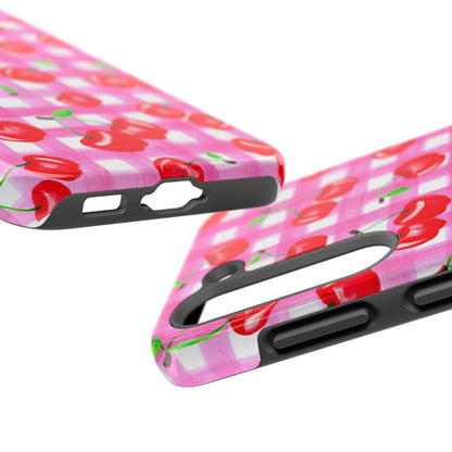 Tossed Red Watercolor Cherries Illustrated Pattern Light Pink Gingham Tough Phone Case | Various Models