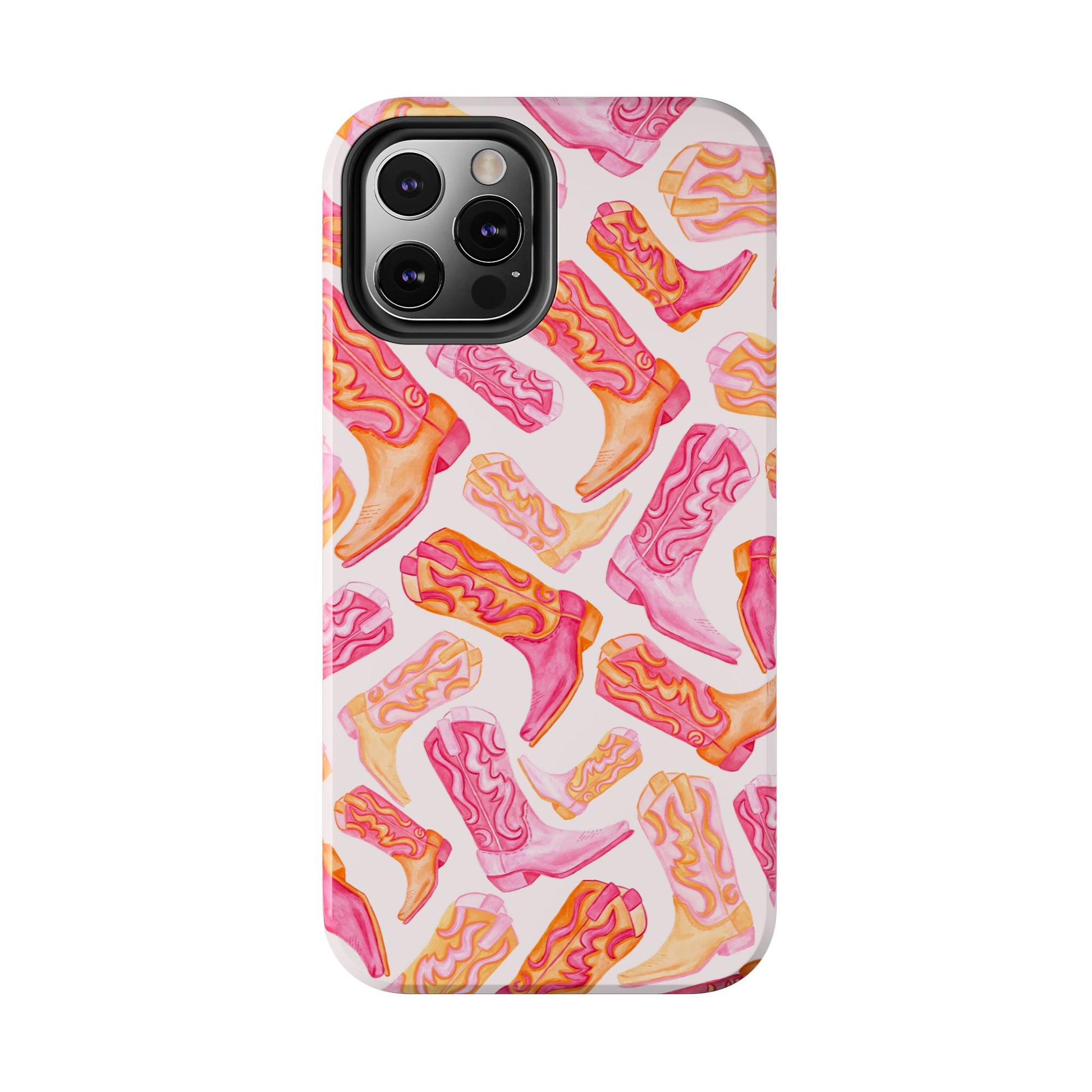 Tossed Hot Pink & Orange Watercolor Cowboy Boots Tough Light Pink Phone Case | Various Models Available