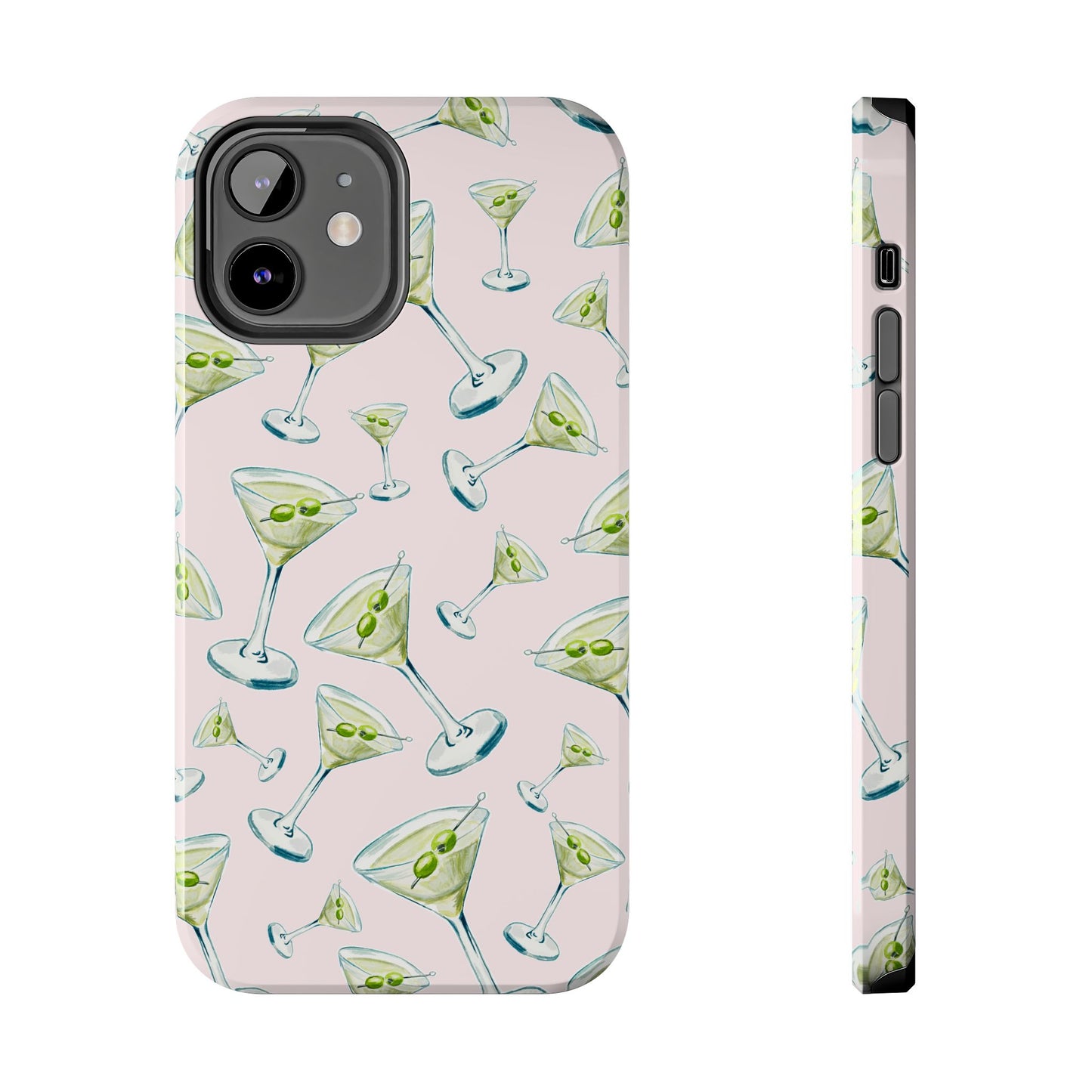 Watercolor Blue and Green Martinis Tossed Illustrated Pattern Blush Pink Tough Phone Case | Various Models