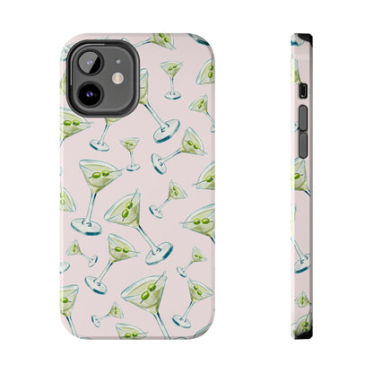 Watercolor Blue and Green Martinis Tossed Illustrated Pattern Blush Pink Tough Phone Case | Various Models