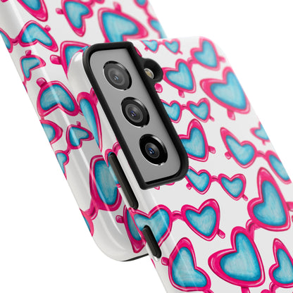 Pink & Blue Heart Shaped Sunglasses Watercolor Illustrated Tossed Pattern Tough Case | Various Models