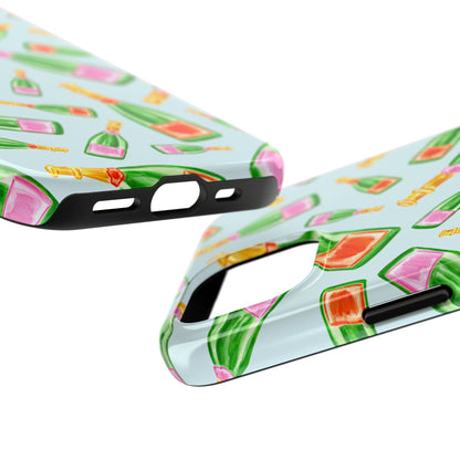 Tossed Pink and Green & Orange and Green Watercolor Illustrated Champagne Bottles Pattern Light Blue Tough Phone Case | Various Models