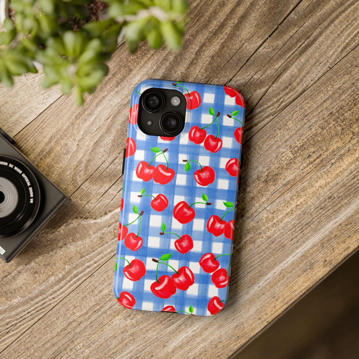 Tossed Red Watercolor Illustrated Cherries Light Blue Gingham Tough Phone Case | Various Models