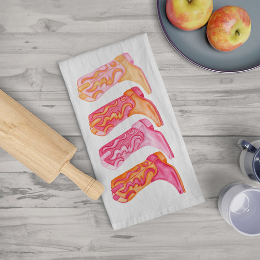 Tea Towel | Row of Hot Pink and Orange Cowboy Boots Watercolor Illustration | Whimsical Colorful Boho Cute Kitchen Decor | Cowgirl Gifts