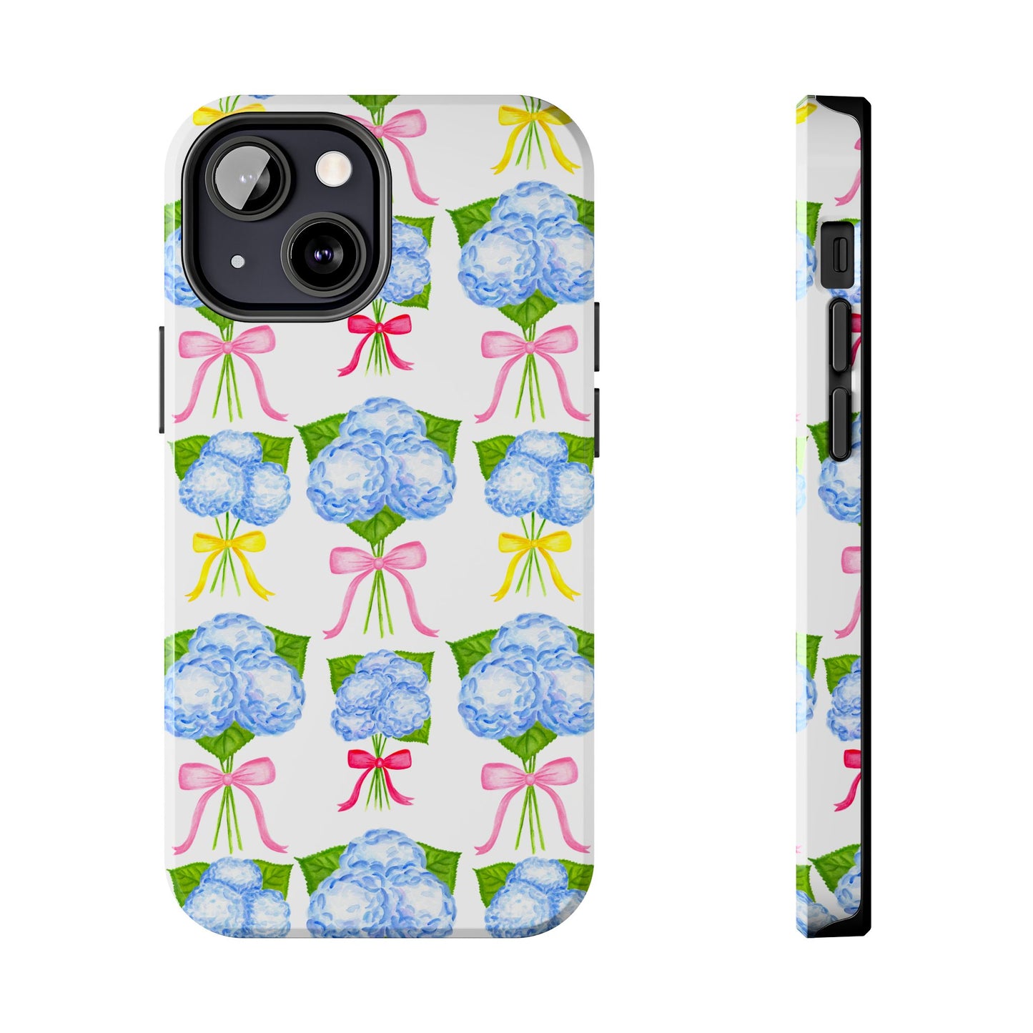 Blue Hydrangeas with Hot Pink, Yellow, Light Pink Bows Watercolor Illustrated Patterned Tough Phone Case | Various Models