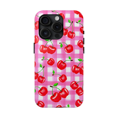 Tossed Red Watercolor Cherries Illustrated Pattern Light Pink Gingham Tough Phone Case | Various Models