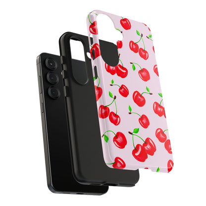Tossed Red Watercolor Cherries Illustrated Pattern Light Pink Tough Phone Case | Various Models