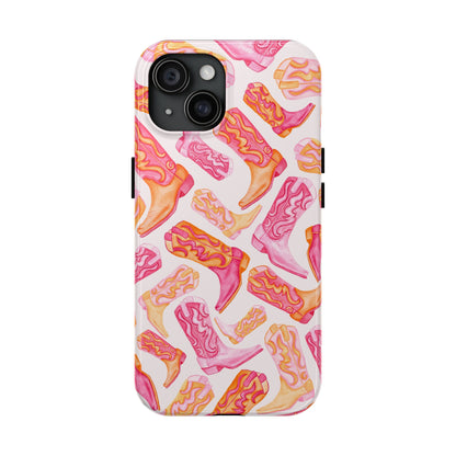 Tossed Hot Pink & Orange Watercolor Cowboy Boots Tough Light Pink Phone Case | Various Models Available iPhone 15