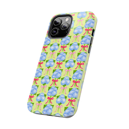 Watercolor Blue Hydrangea Bouquets with Hot Pink and Light Pink Bow Ribbons Illustrated Pattern Yellow Tough Phone Case | Various Models