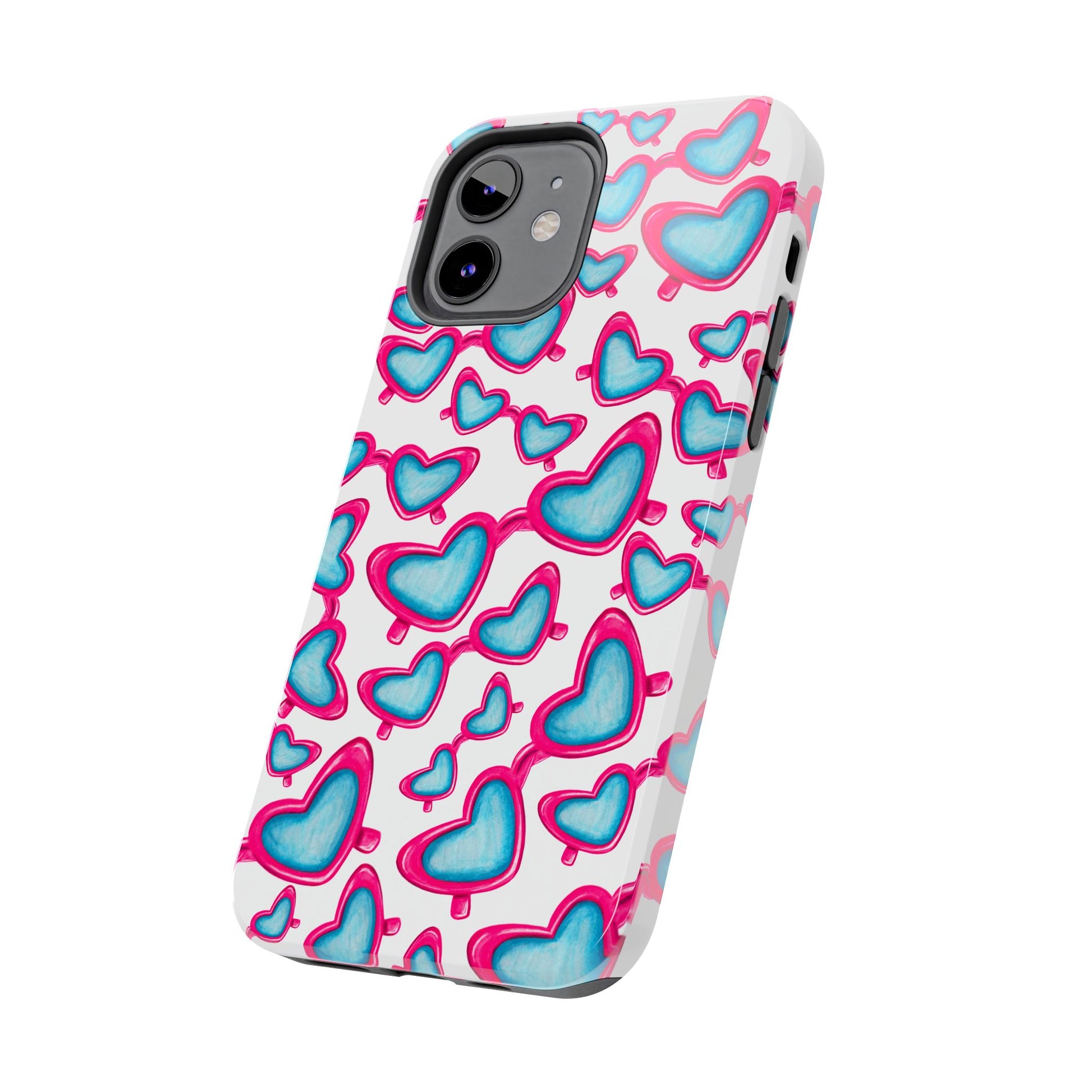 Pink & Blue Heart Shaped Sunglasses Watercolor Illustrated Tossed Pattern Tough Case | Various Models