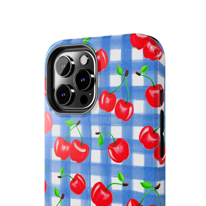 Tossed Red Watercolor Illustrated Cherries Light Blue Gingham Tough Phone Case | Various Models
