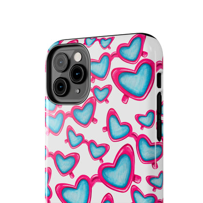 Pink & Blue Heart Shaped Sunglasses Watercolor Illustrated Tossed Pattern Tough Case | Various Models