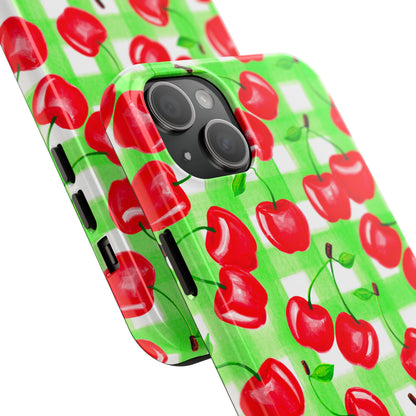 Red Tossed Cherries Green Gingham Watercolor Illustrated Tough Phone Case | Various Models Available