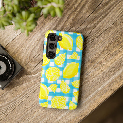 Yellow Lemons & Turquoise Gingham Watercolor Illustrated Tough Phone Case | Various Models Available