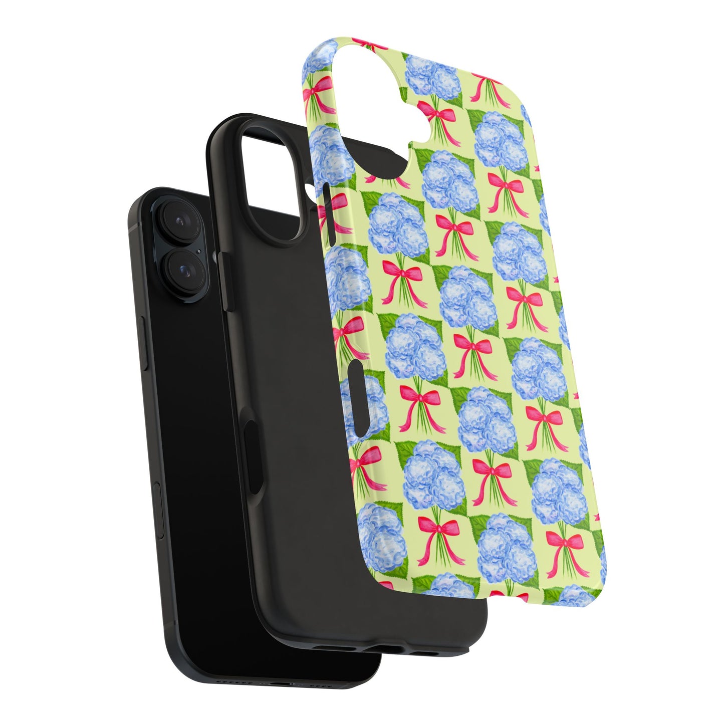 Blue Watercolor Hydrangea Bouquets with Hot Pink Bows Illustrated Patterned Yellow Preppy Grand Millenial Tough Phone Case | Various Models