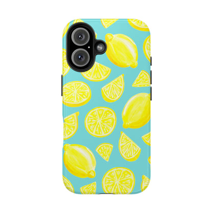 Bright Yellow Lemons Watercolor Illustrated Tossed Pattern Turquoise Blue Tough Phone Case | Various Models