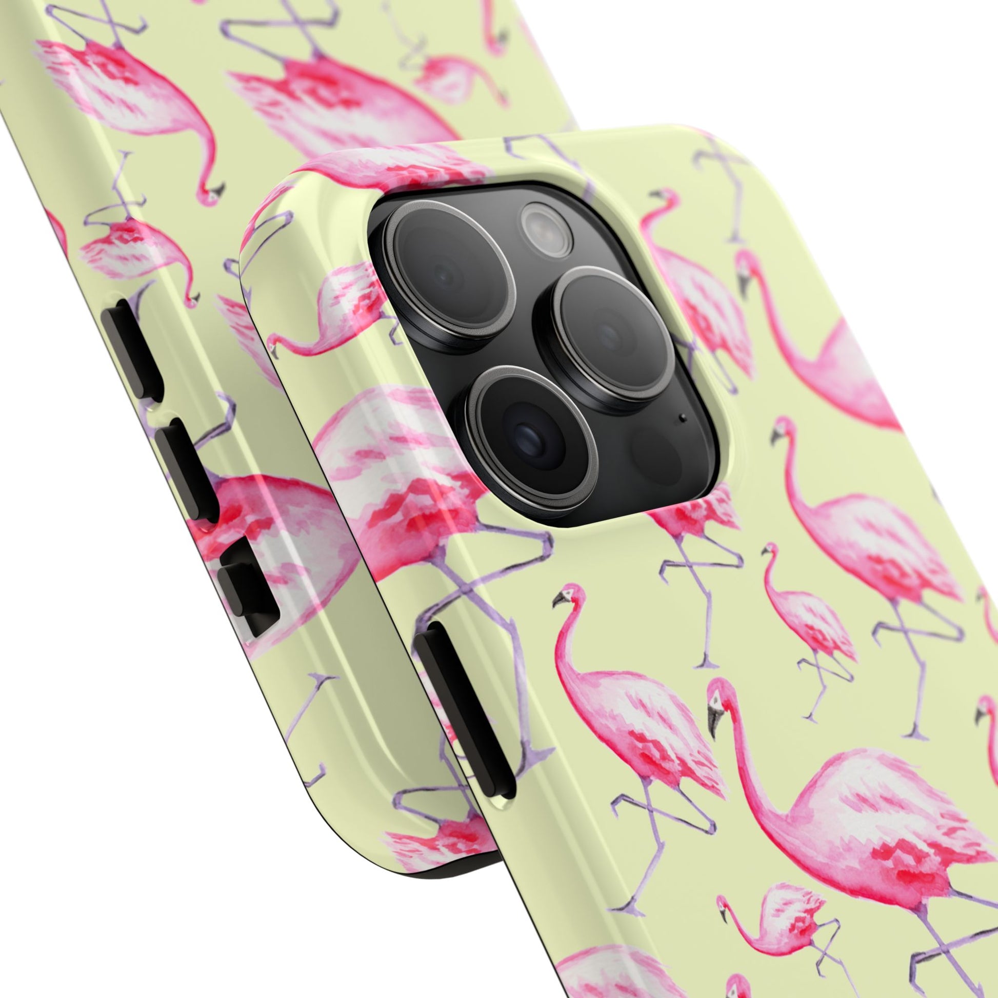 Pink Flamingos Watercolor Illustrated Tossed Pattern Yellow Phone Case | Various Models