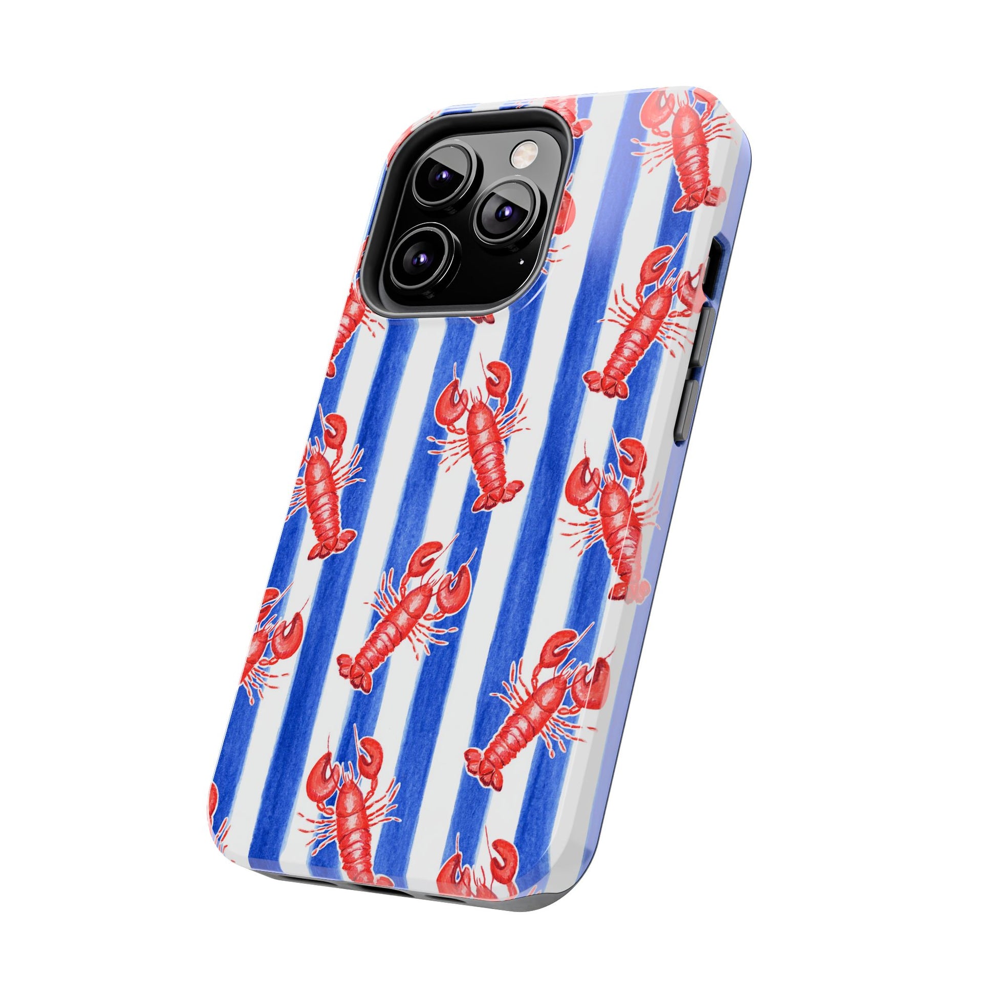Blue & White Strip Red Lobster Watercolor Patterned Phone Case | Various Models