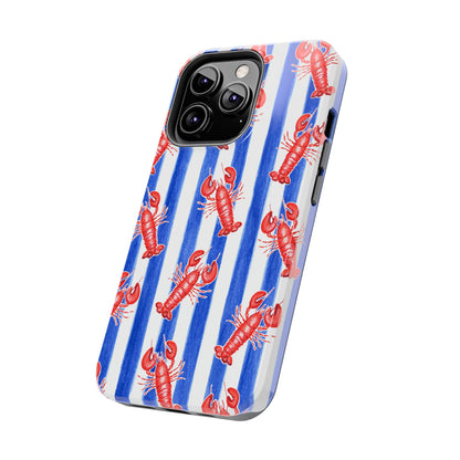 Blue & White Strip Red Lobster Watercolor Patterned Phone Case | Various Models