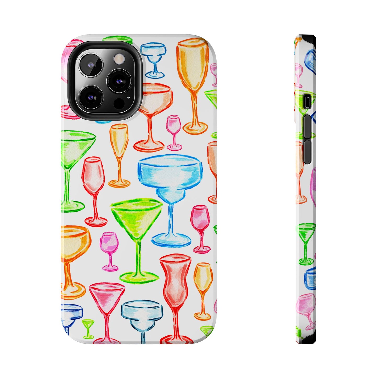 Monochromatic Margarita, Wine, Martini, and Champagne Flute Cocktail Glasses Watercolor Illustrated Tough Phone Case | Various Models Available