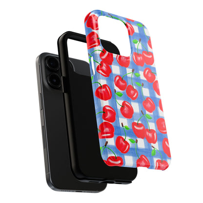 Tossed Red Cherries Blue Gingham Checkered Watercolor Illustrated Tough Phone Case | Various Models