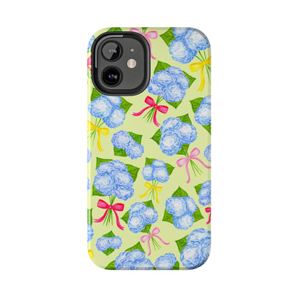 Blue Watercolor Hydrangea Bunches with Hot Pink, Yellow, Light Pink Bows Illustrated Patterned Yellow Tough Phone Case | Various Models