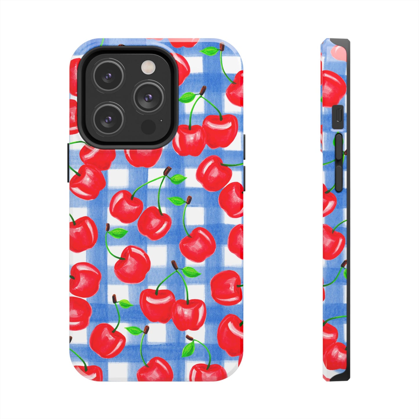 Tossed Red Cherries Blue Gingham Checkered Watercolor Illustrated Tough Phone Case | Various Models