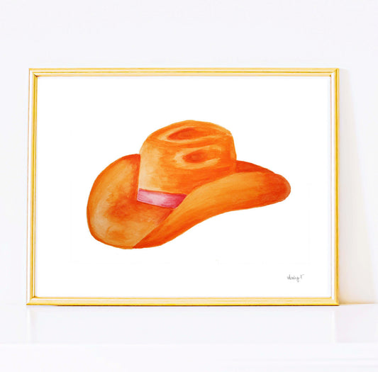 Print | Orange and Pink Cowboy Hat Watercolor Painting | Western Art | Southern | Dorm Decor